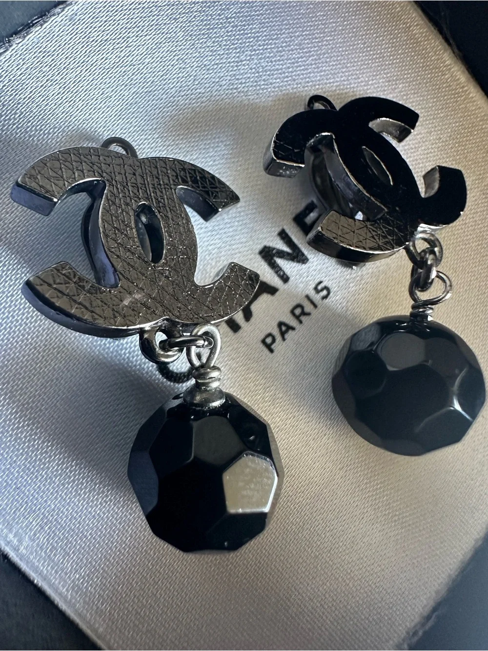 CHANEL A12V Ruthenium CC Black Bead Drop Clip-On Earrings with Box